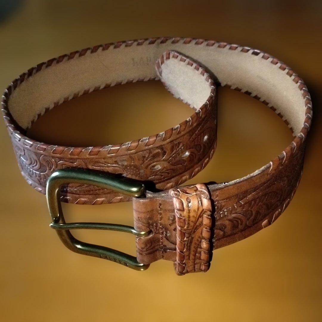 ラルフローレン　ベルト　S　ブラウン　本革　型押し　総柄　幅広　バックル金色