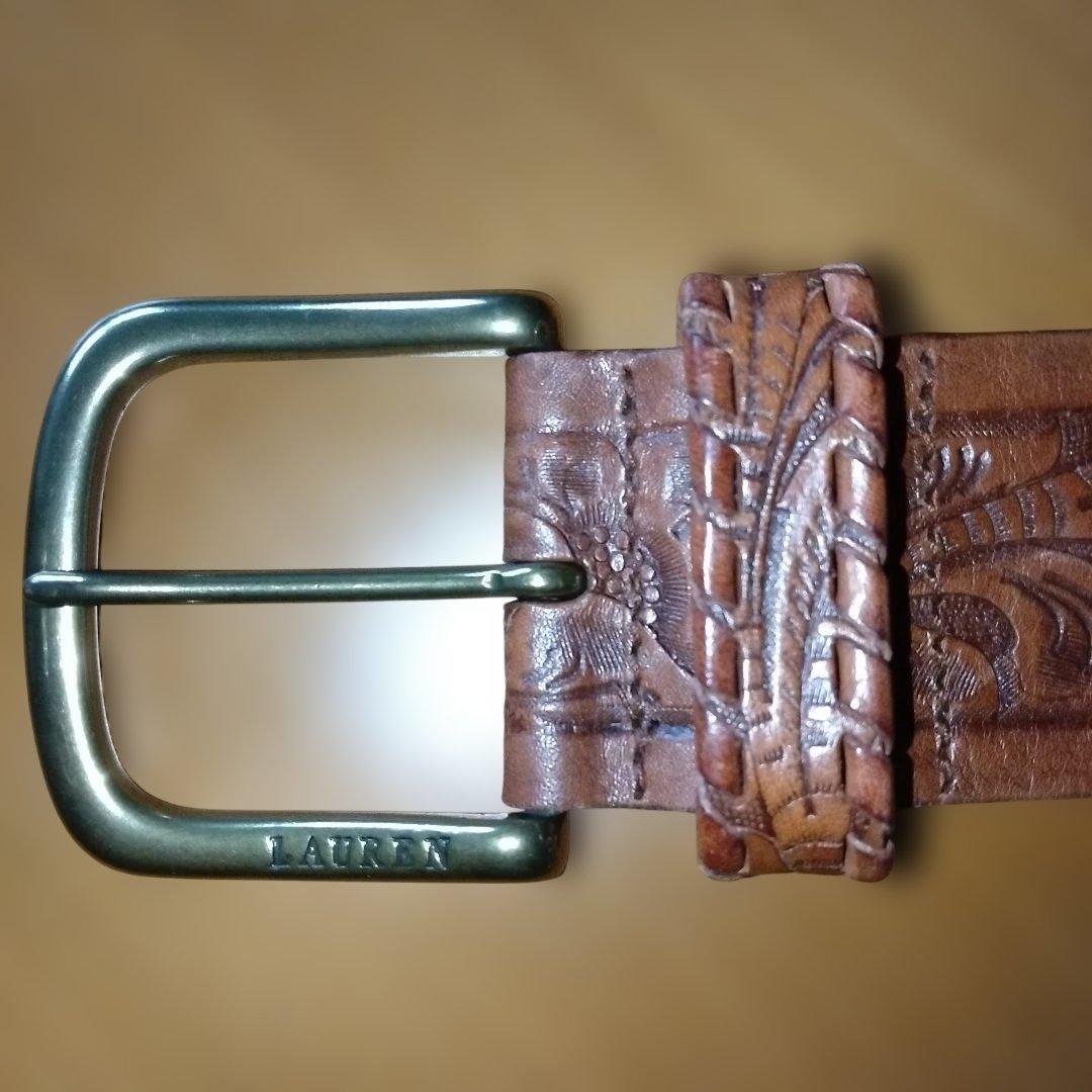 ラルフローレン　ベルト　S　ブラウン　本革　型押し　総柄　幅広　バックル金色