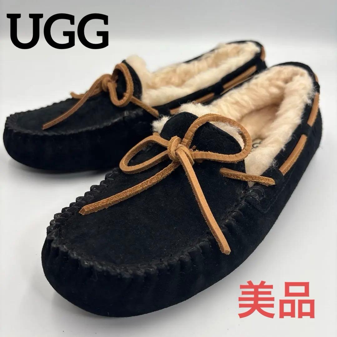 極美品✨UGG アグ　ブラック　リボン　モカシン　ムートン　フラットシューズ