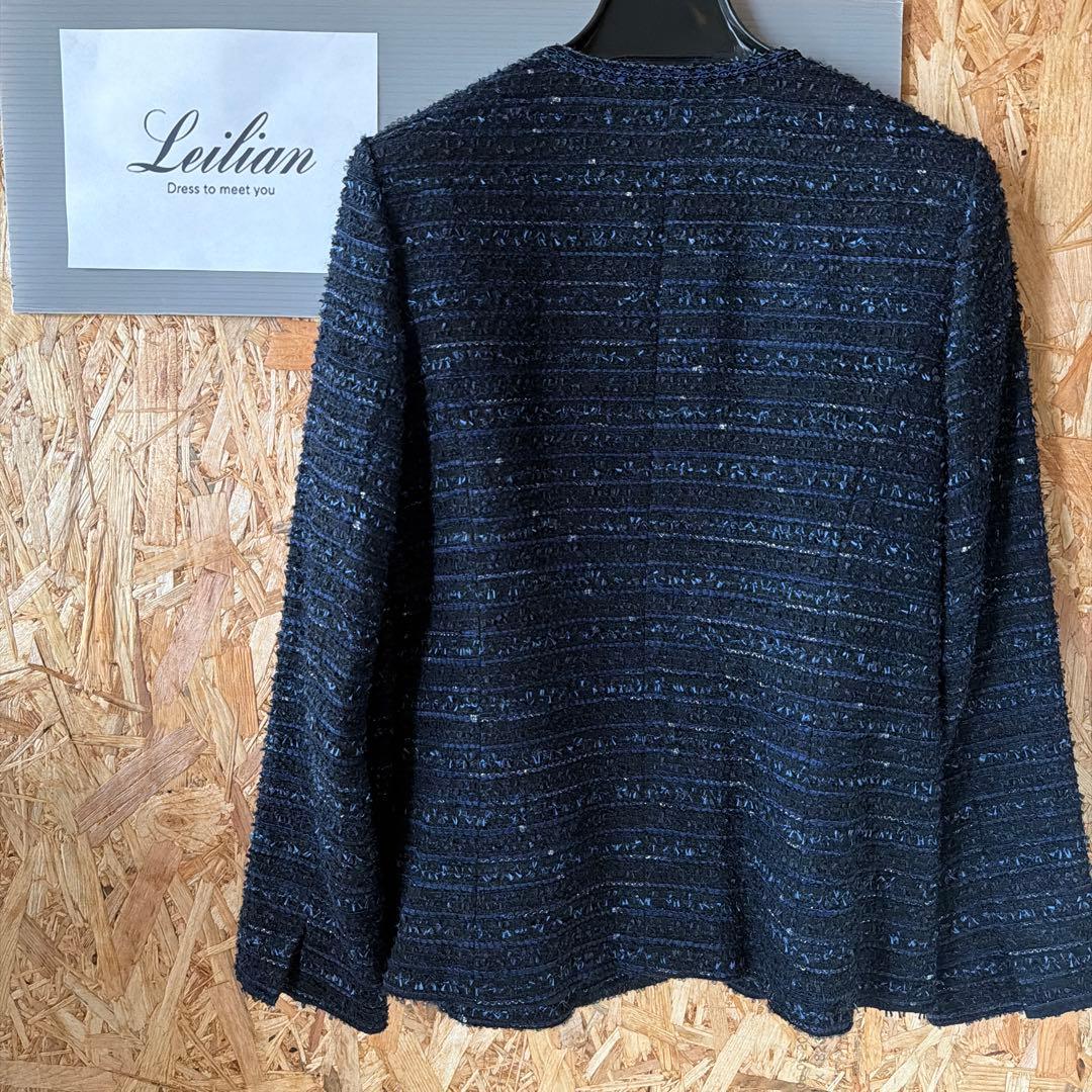 Leilian ノーカラージャケット ネイビー ツイード