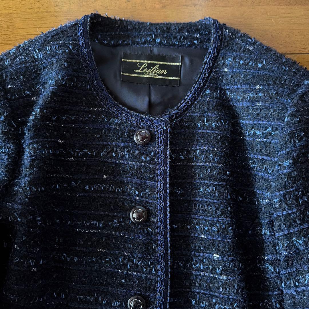 Leilian ノーカラージャケット ネイビー ツイード