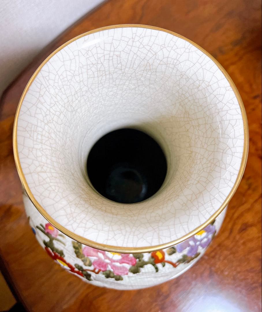 貴重 薩摩焼 色絵金彩花鳥細密絵付大花瓶 高さ39㎝ 勇仙 古美術品