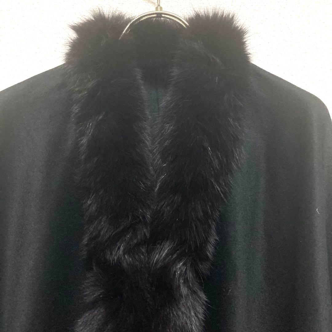 美品☆カシミヤフード付きマント ファー付きケープコート　ポンチョ エレガント