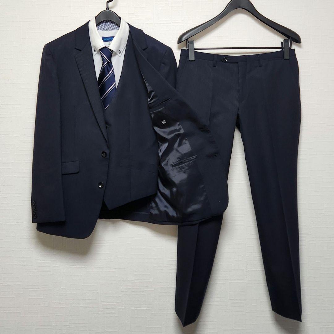 スーツセレクト　メンズ　スーツ　スリーピース　濃紺　ストライプ