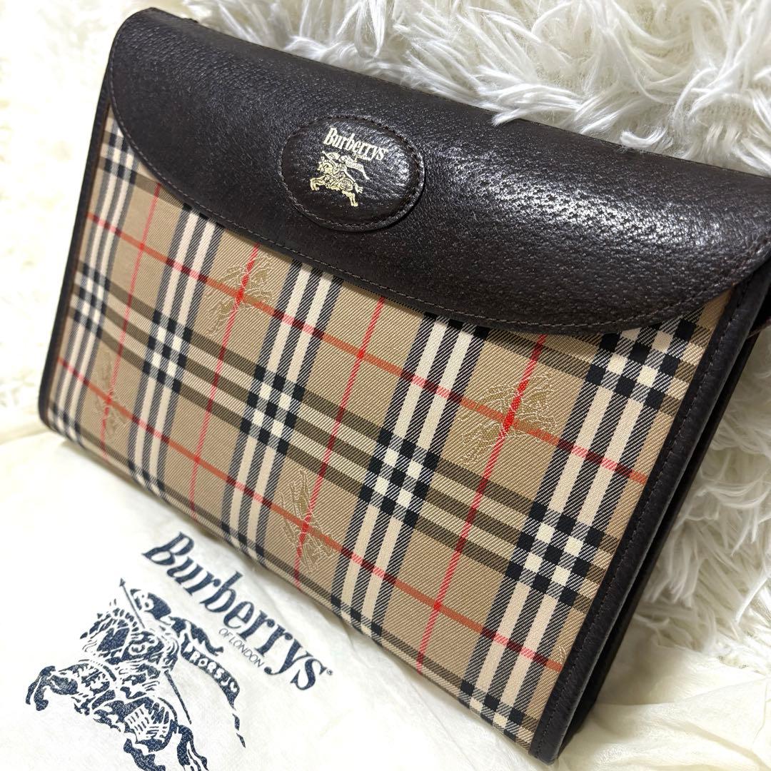 【極美品】バーバリー ノバチェック ホースロゴ キャンバス レザー クラッチ