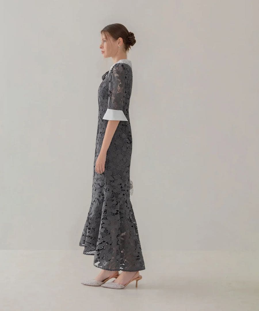 Leja パールカラーボウタイフラワーレースフィッシュテールワンピース