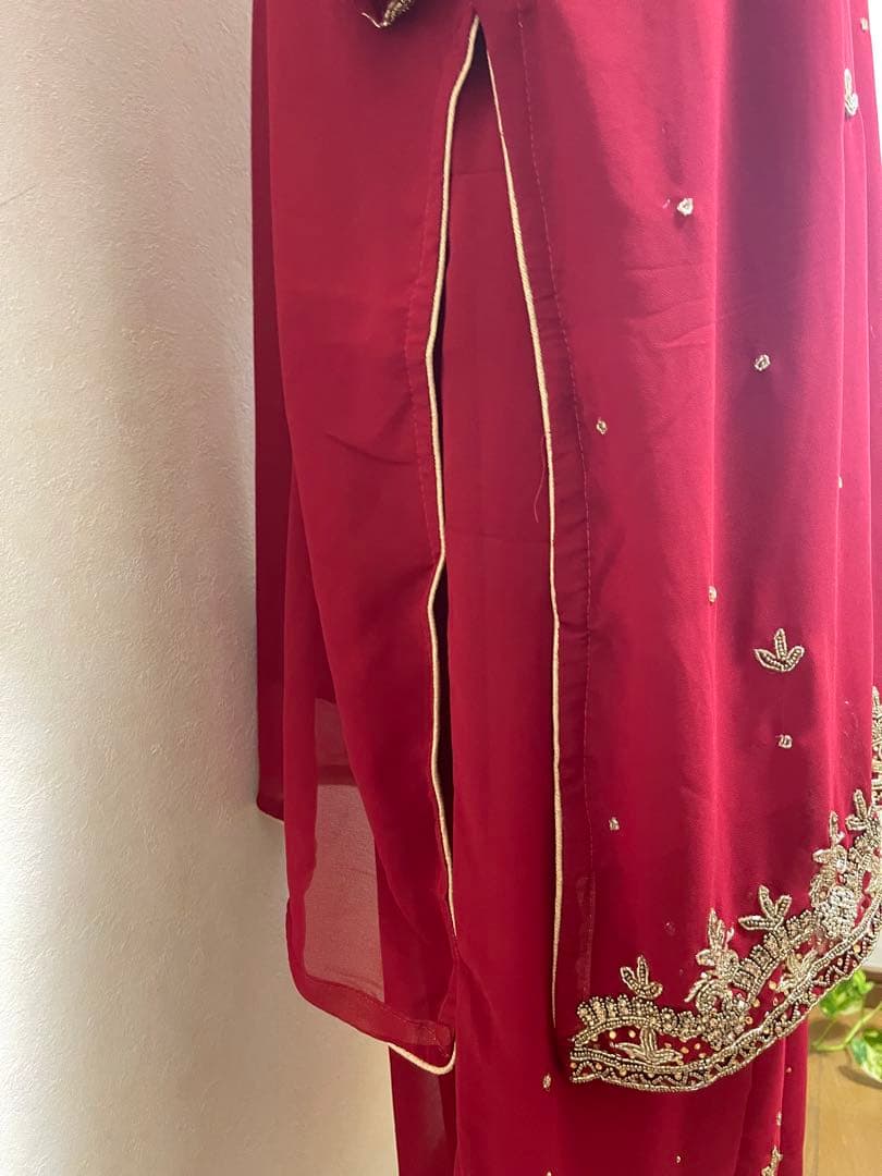 インド民族衣装高級レッド刺繍クルタセット／豪華インドパーティードレス【OT14】