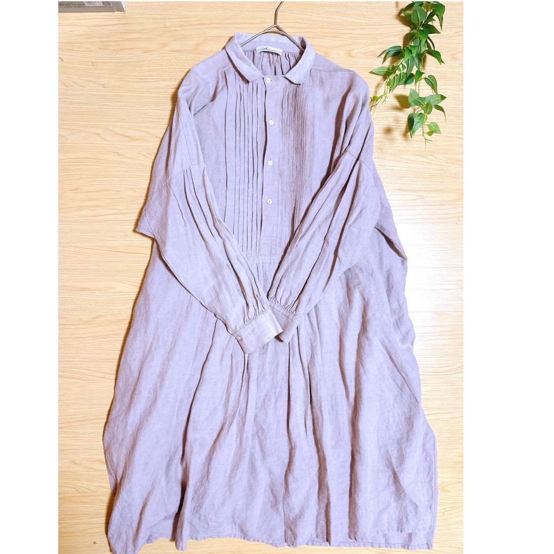 イチアンティークス　ロングワンピース　ピンタック　ギャザー　リネン　くすみピンク