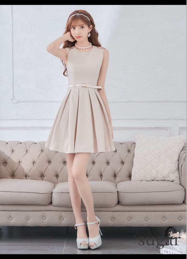 ベージュ ノースリーブ プリーツドレス Sサイズ