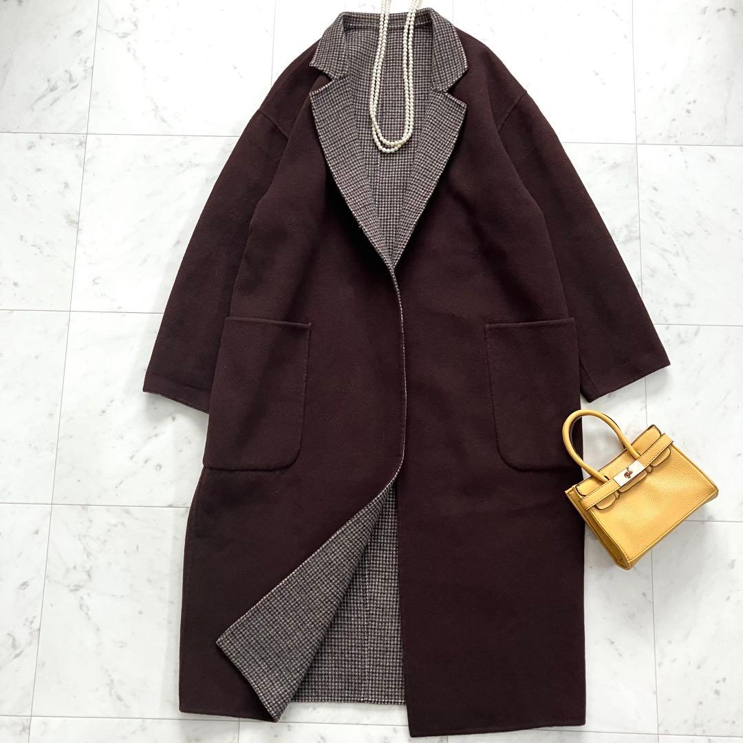 プラージュ ウールリバーコート リバーシブル ブラウン チェック 38