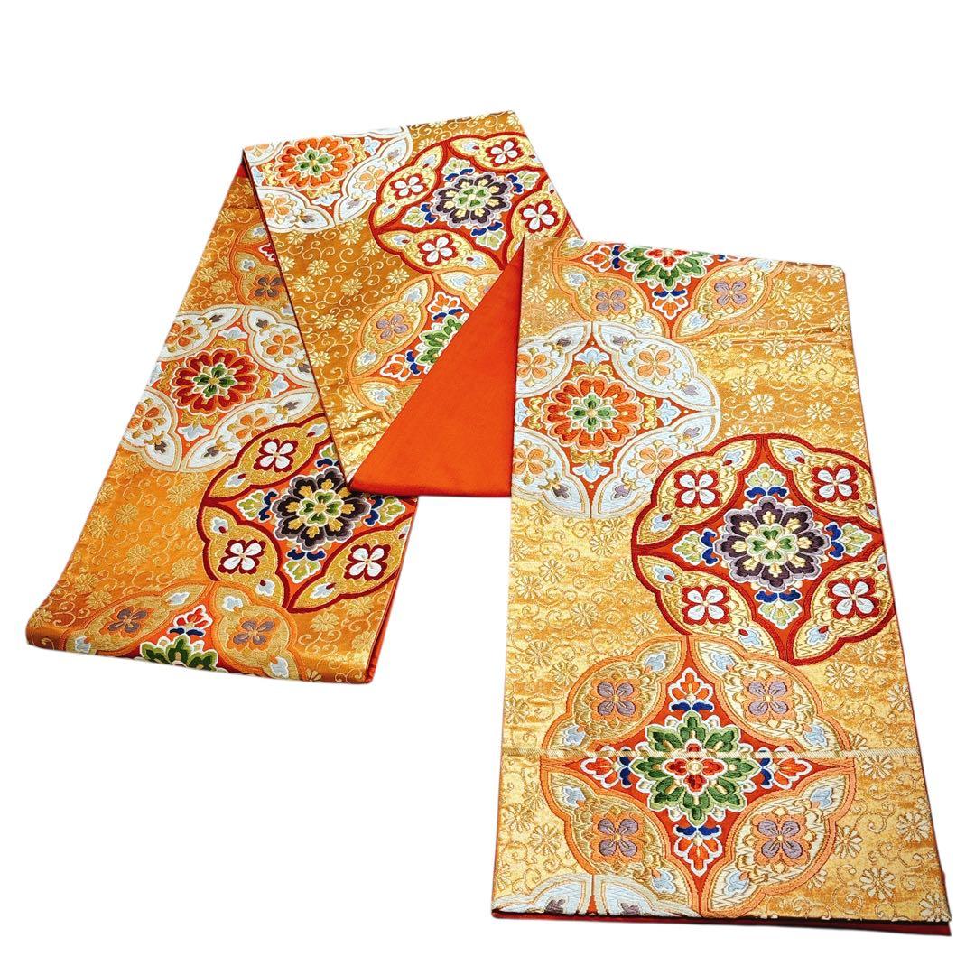 AA1袋帯 六通唐織華文柄 河合美術織物 金糸　八宝花 正絹 着物