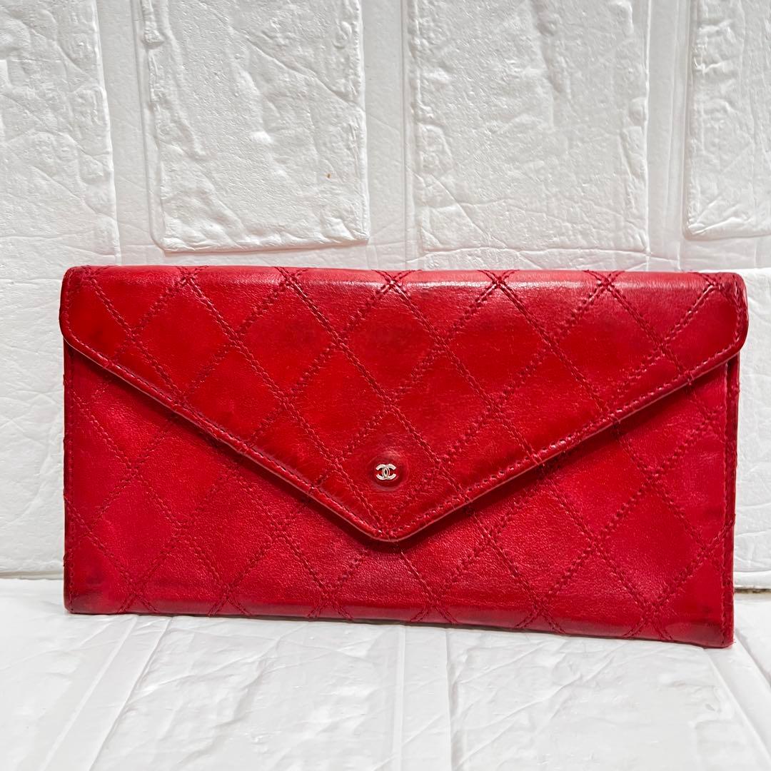 CHANEL ビコローレ　長財布　ダブルステッチ　レッド　ココマーク　レッド