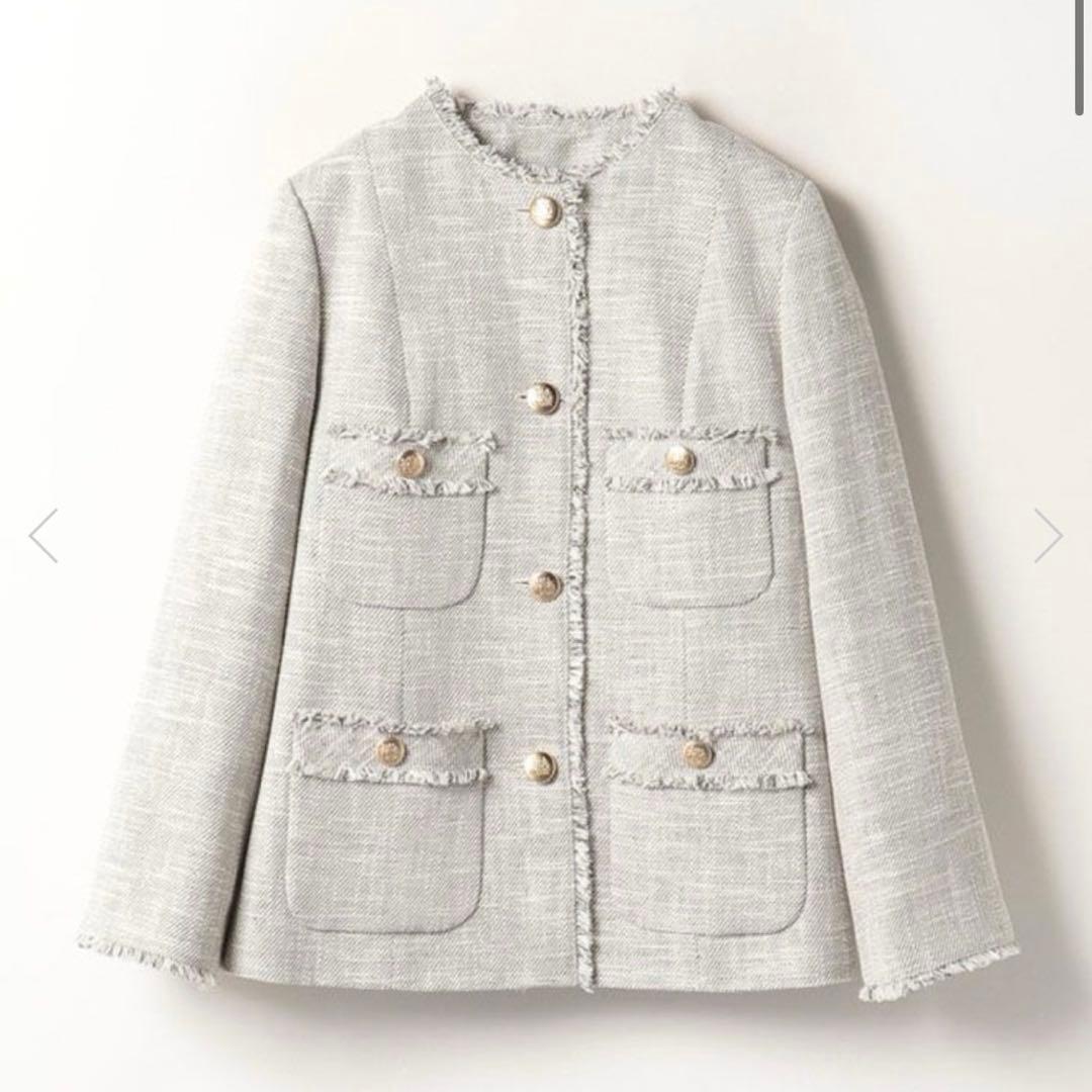 専用ですallureville スラブツイードクルーショートコート 麻　金ボタン