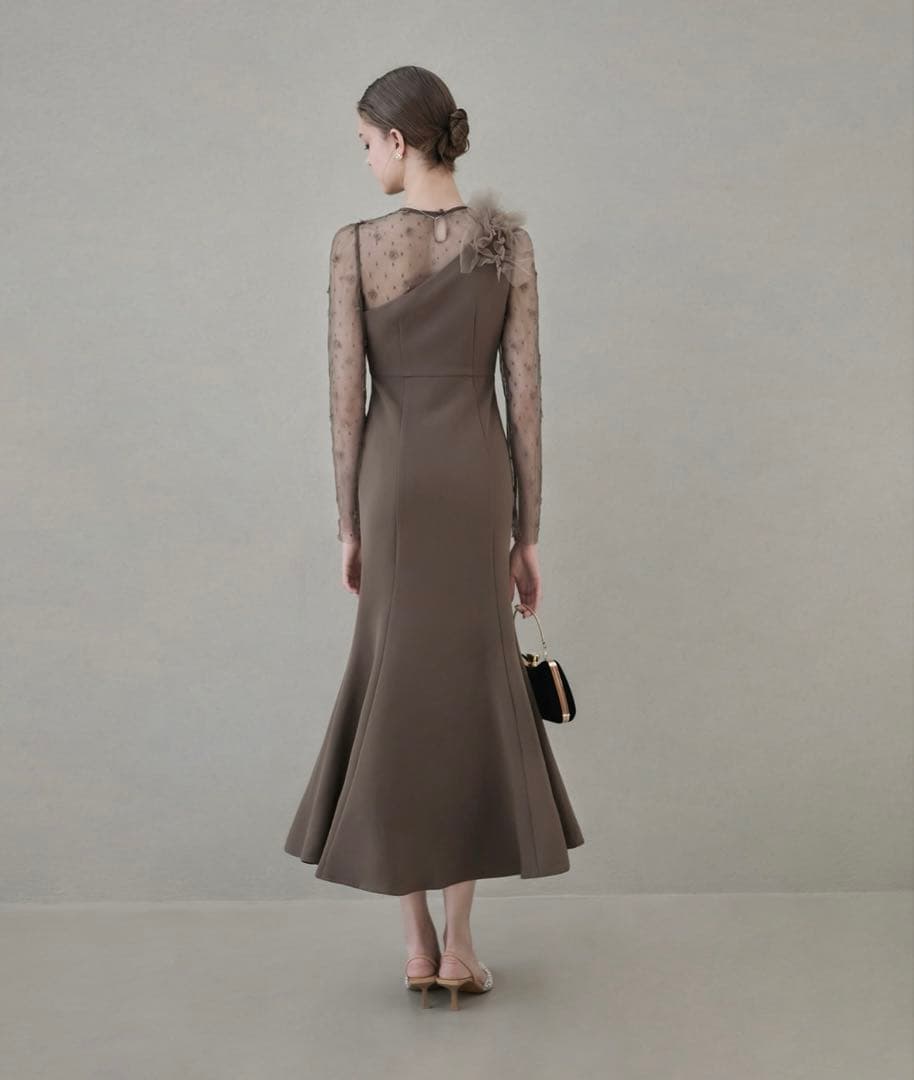 Leja フラワーモチーフアシンメトリーチュールマーメイドワンピースドレス