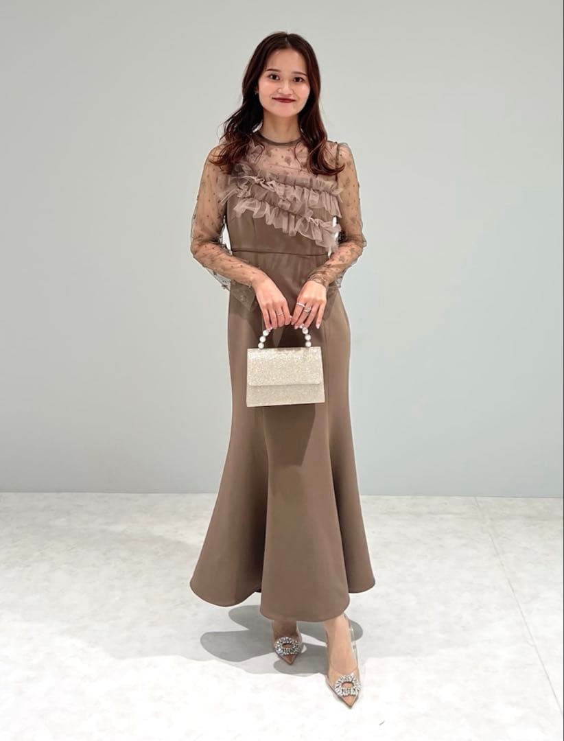 Leja フラワーモチーフアシンメトリーチュールマーメイドワンピースドレス