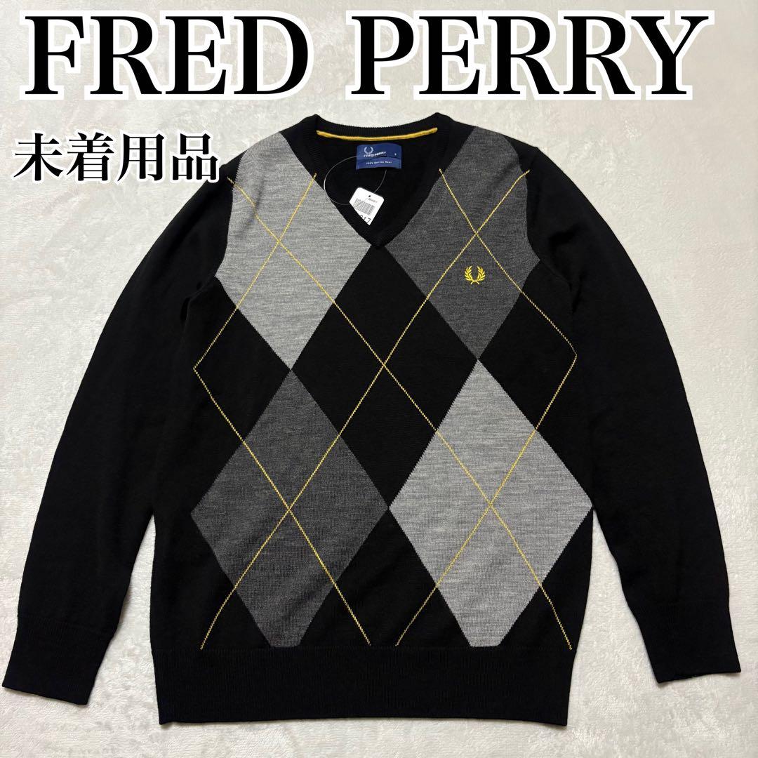 未着用　フレッドペリー　メリノウール　ニット　アーガイル　黒色　月桂樹　ロゴ刺繍