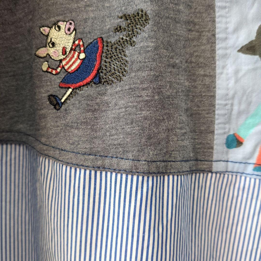 再値下げ！アルベロベロ♥️ぶたさん刺繍影絵　異素材パッチワークチュニック　ブルー