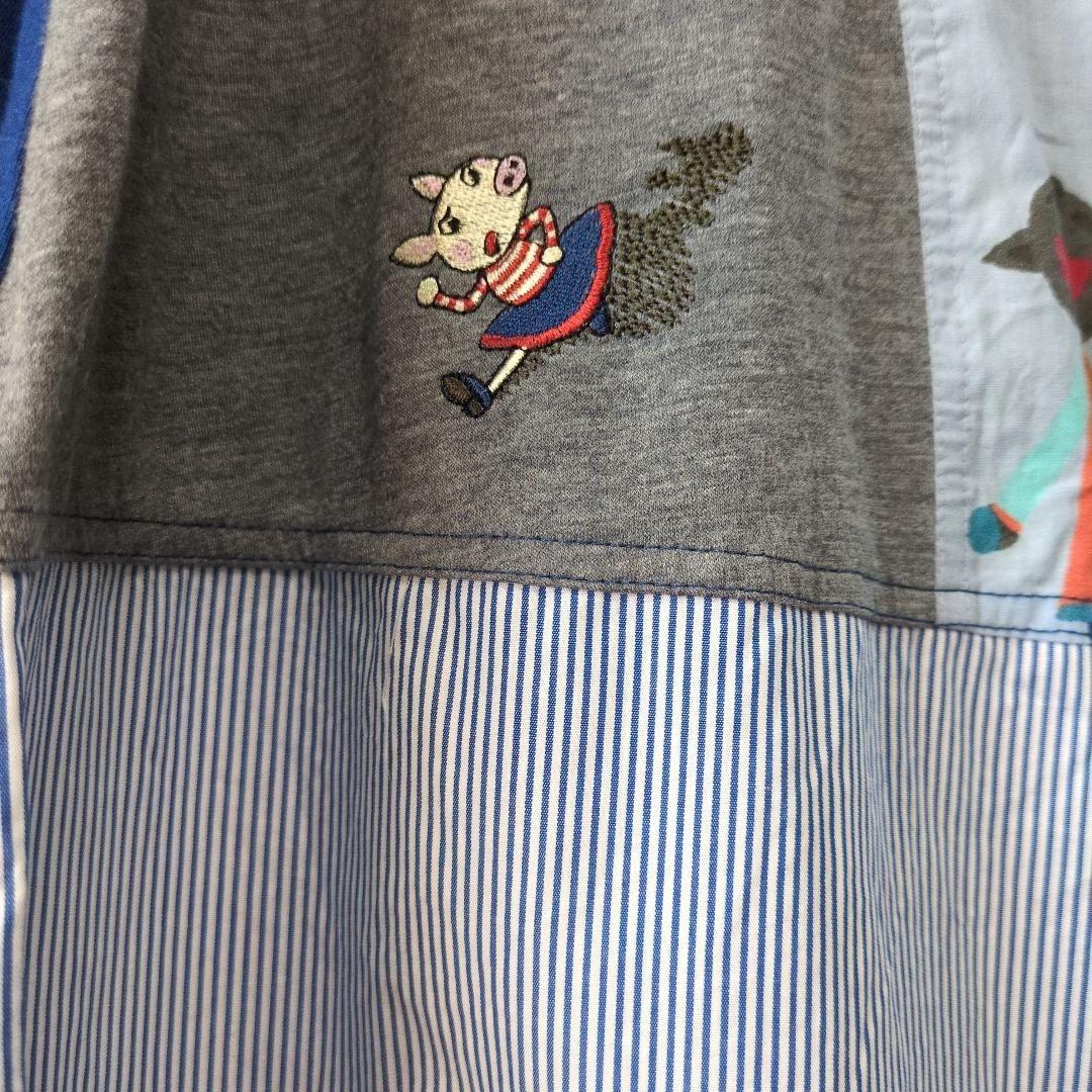 再値下げ！アルベロベロ♥️ぶたさん刺繍影絵　異素材パッチワークチュニック　ブルー