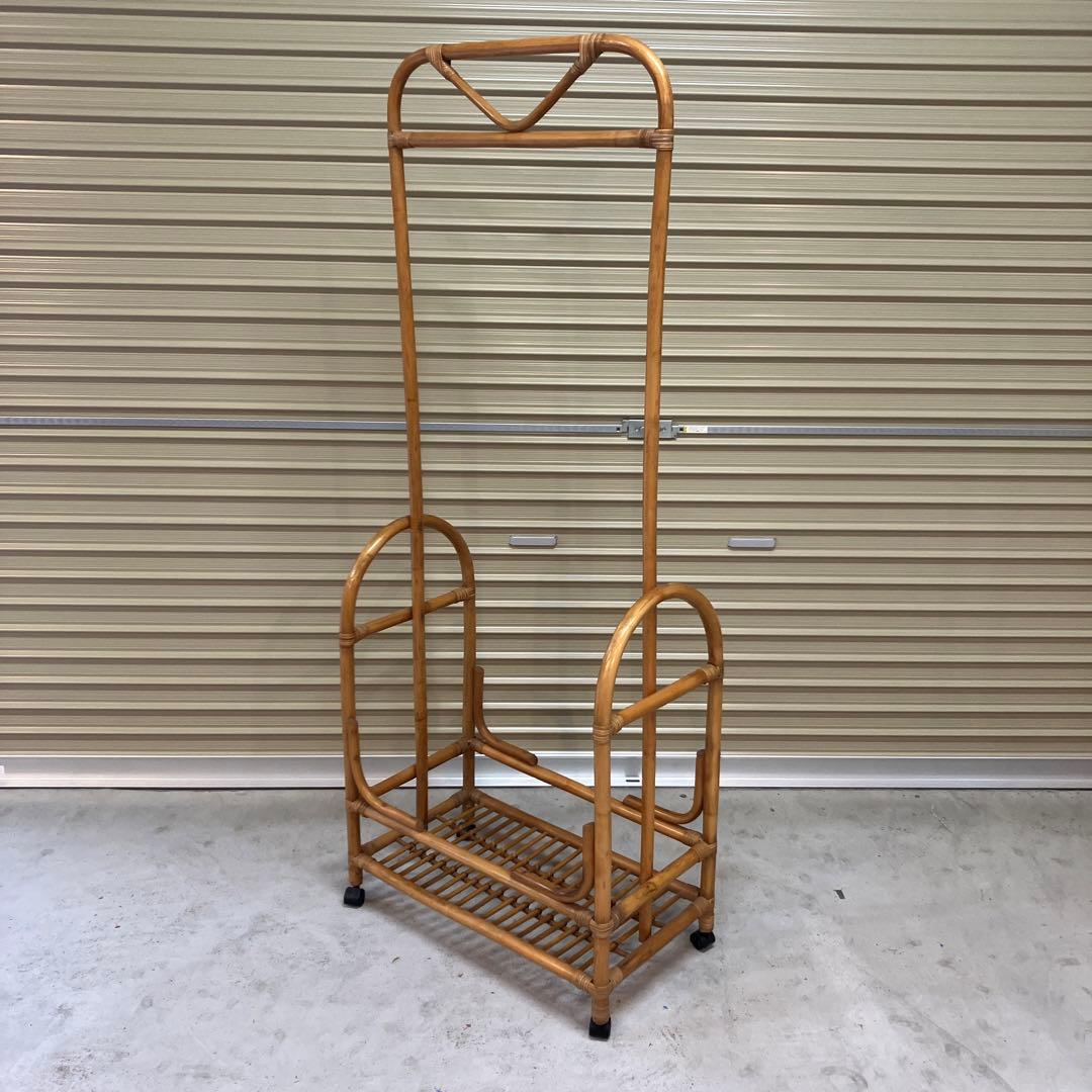 昭和レトロ ラタンハンガーラック キャスター付き 籐家具 古道具 古家具洋服掛け