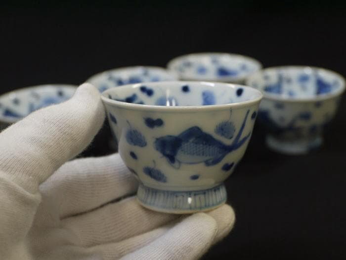 煎茶茶碗６客　魚文　水玉に藻　見込鶴亀　状態良好美品