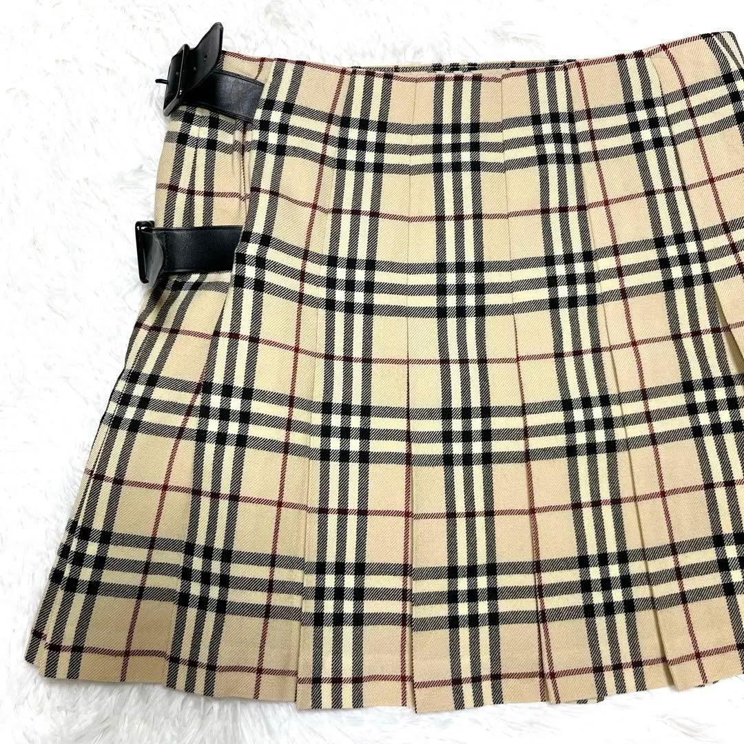 美品 バーバリー ベルト プリーツ 巻き ミニスカート チェック ベージュ