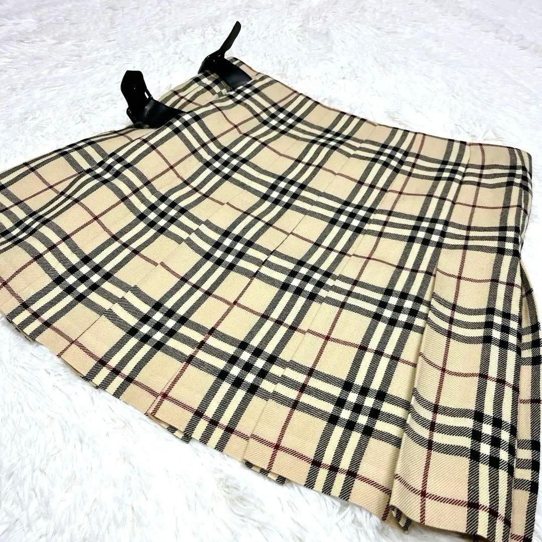 美品 バーバリー ベルト プリーツ 巻き ミニスカート チェック ベージュ