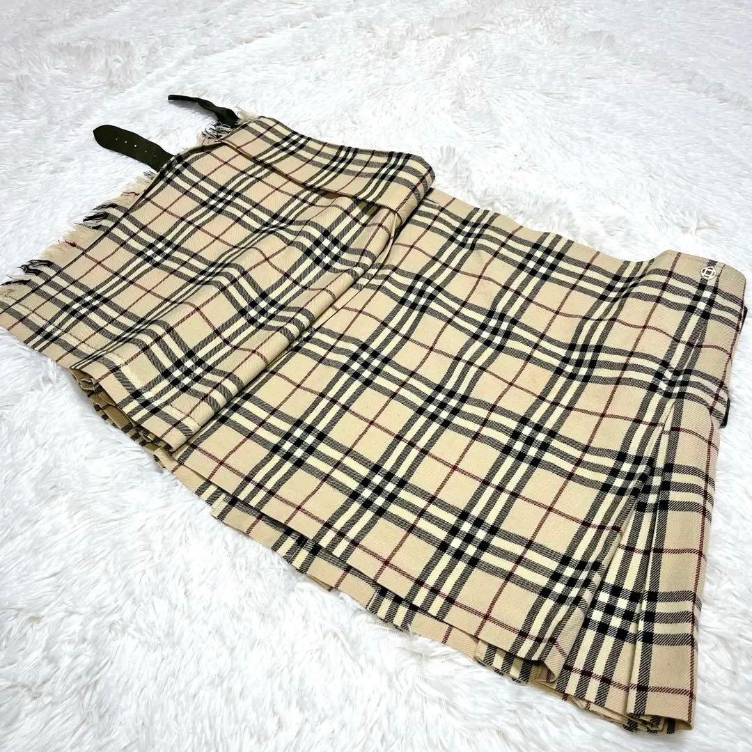 美品 バーバリー ベルト プリーツ 巻き ミニスカート チェック ベージュ