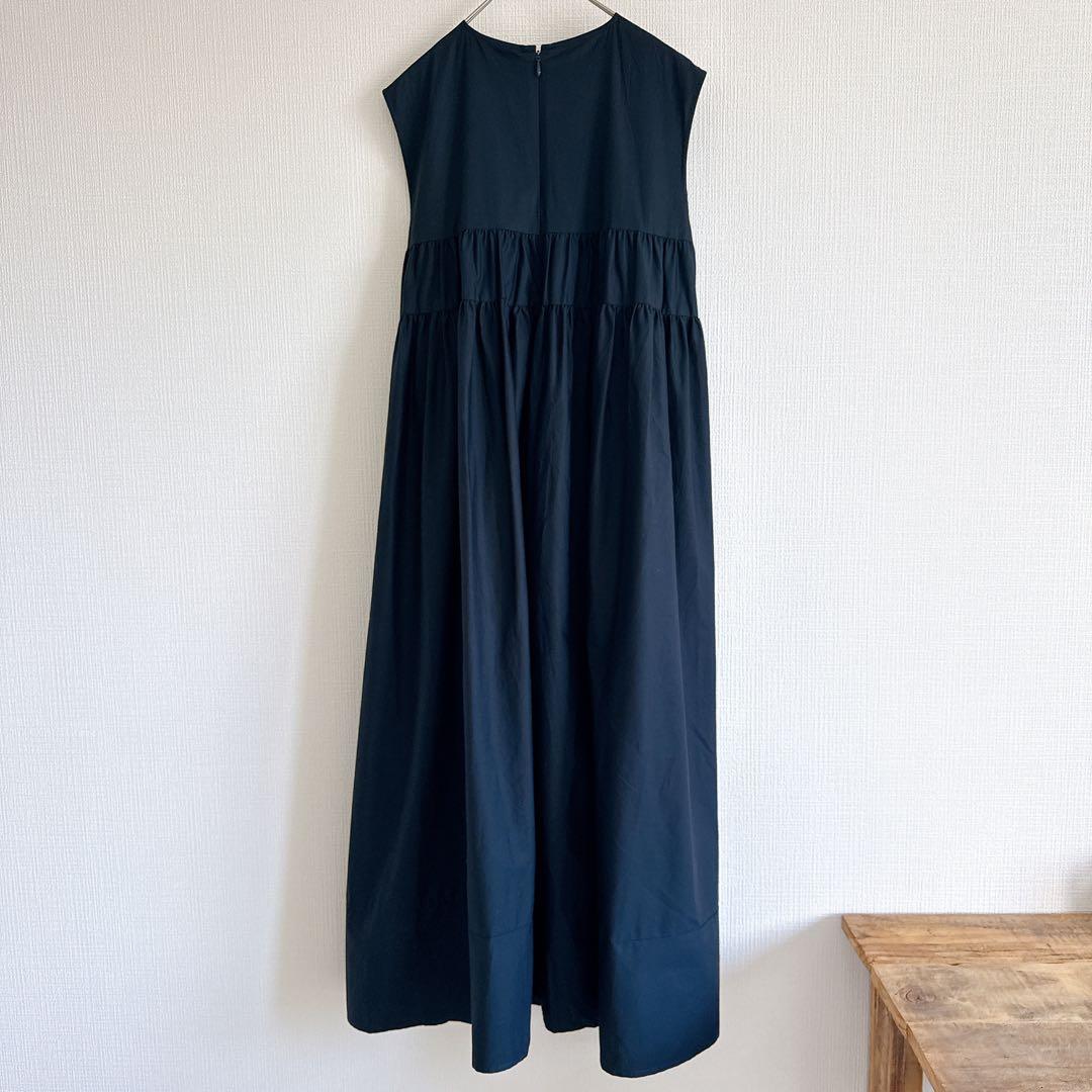 ヨーコチャン ノースリーブ ロング ティアード ギャザーワンピース ネイビー S