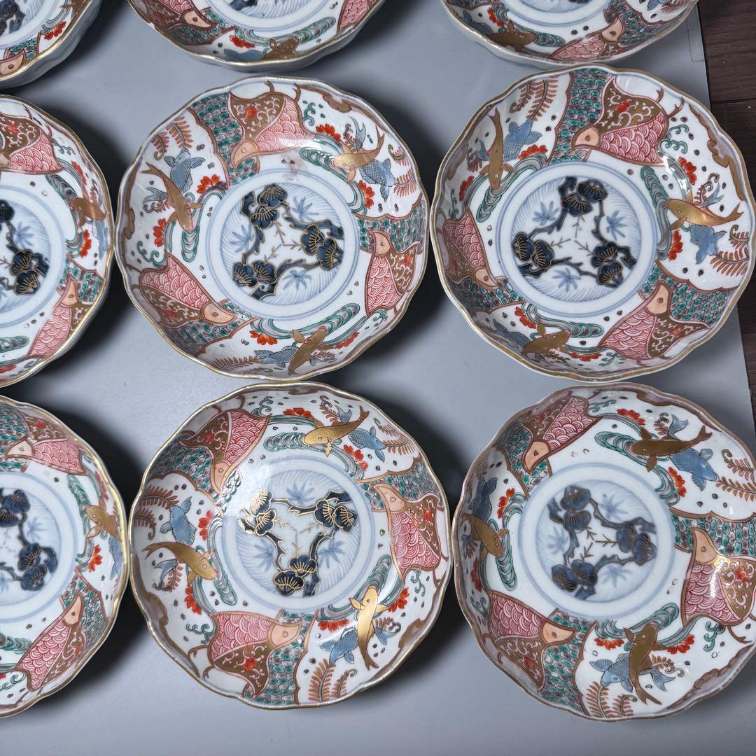 豪商旧蔵品　明治期　色絵鯉千鳥文膾皿　金蘭手　二十客　上手　金鯉　松竹梅　青海波