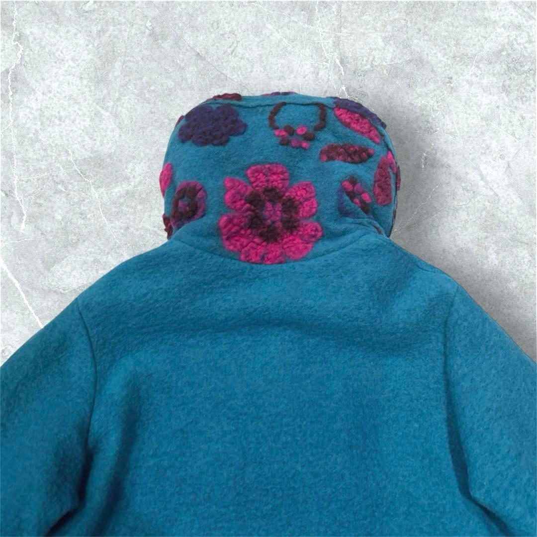 イタリア製　パネルマルチ花柄圧縮ウールコート　スタンド襟　ミドル丈　ターコイズ