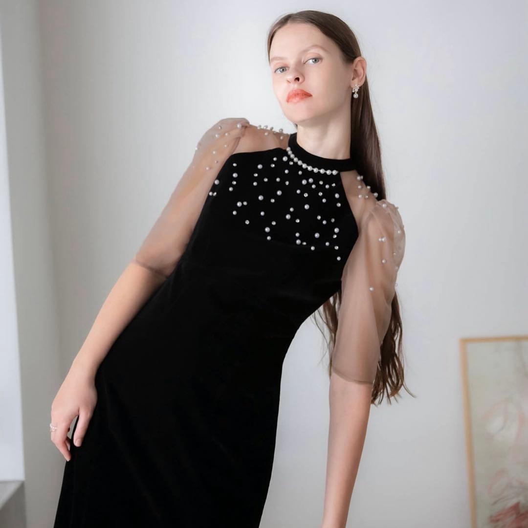 Leja シアースリーブパールビジューベロアマーメイドドレスワンピース 結婚式