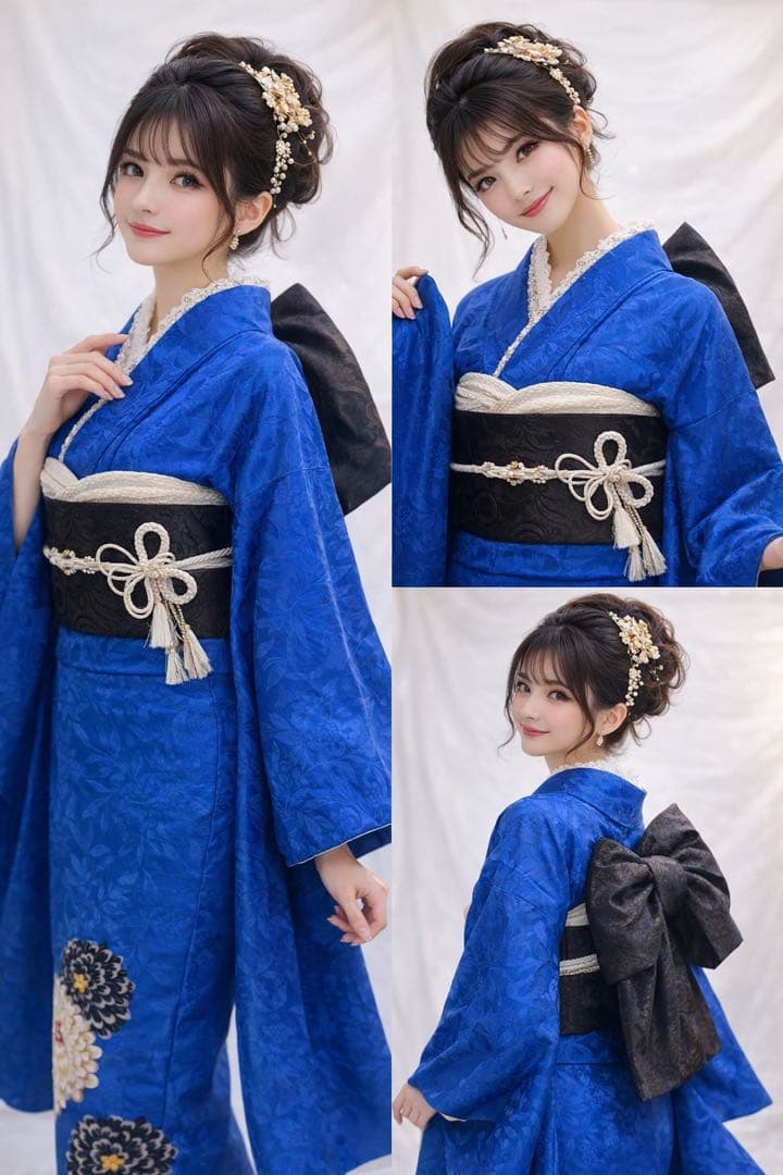 青色の振袖 花柄刺繍 振袖 振袖フルセット 正絹 成人式　振袖7点セット