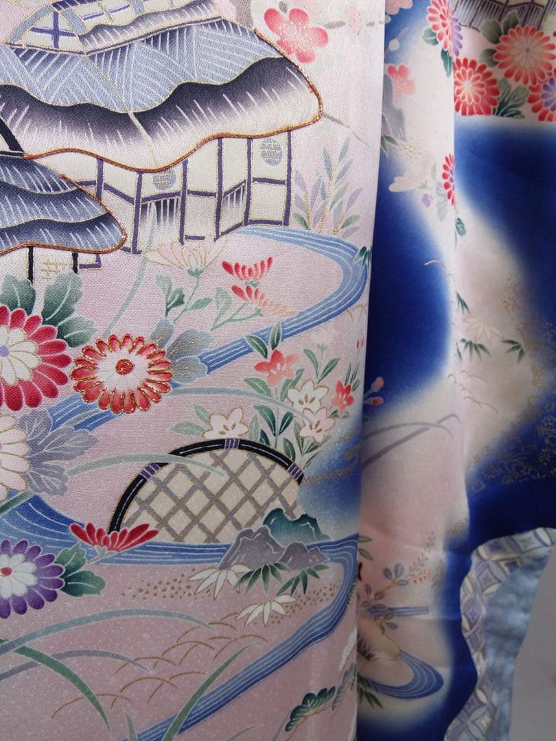 豪華3点セット友禅振袖／茶屋辻文様＊金駒刺繍＊古典風景文様／袋帯・長襦袢付き