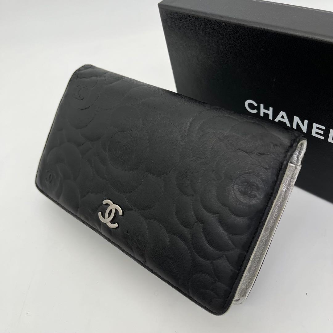 CHANEL 長財布 ココマーク カメリア フラワーエンボス ブラック レザー