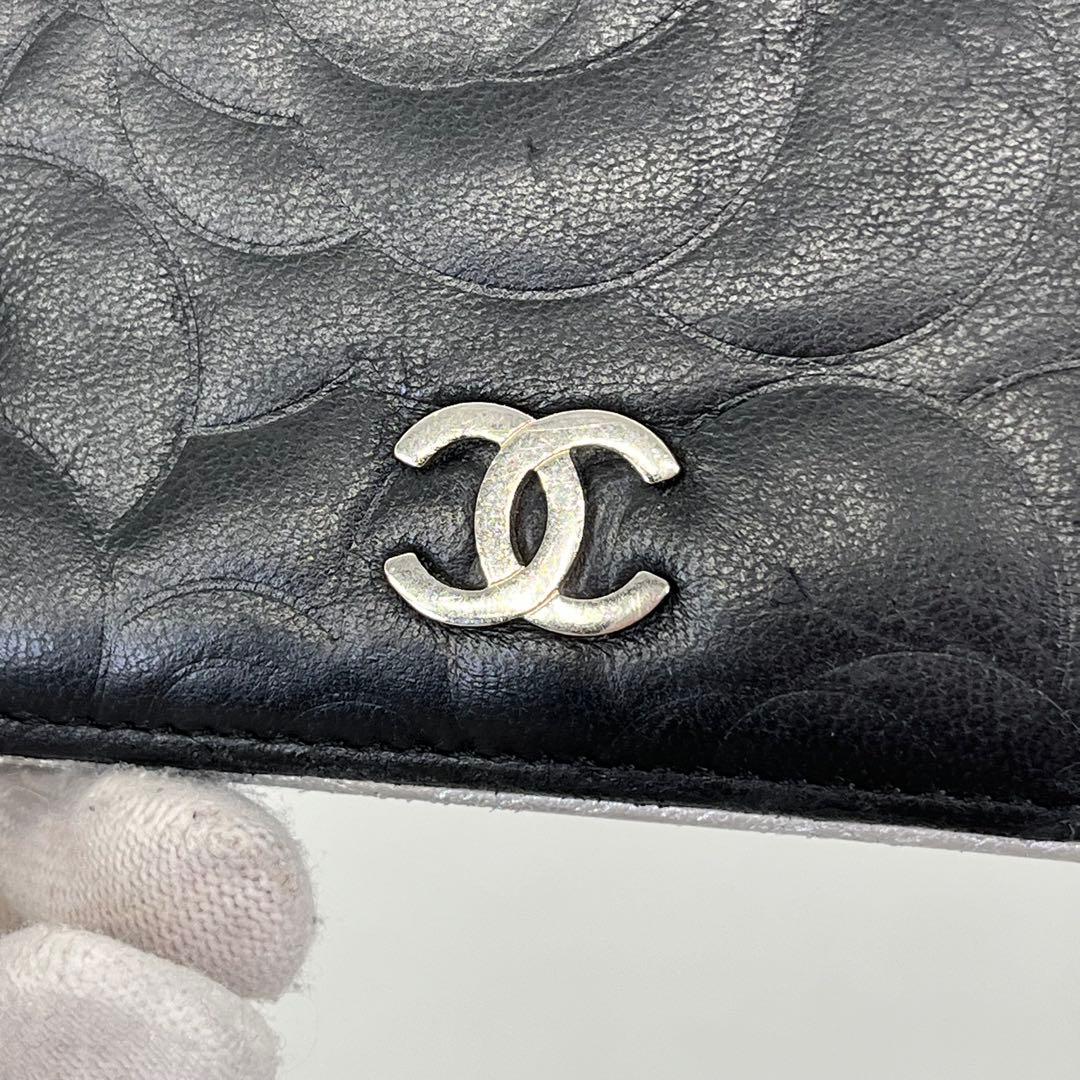 CHANEL 長財布 ココマーク カメリア フラワーエンボス ブラック レザー