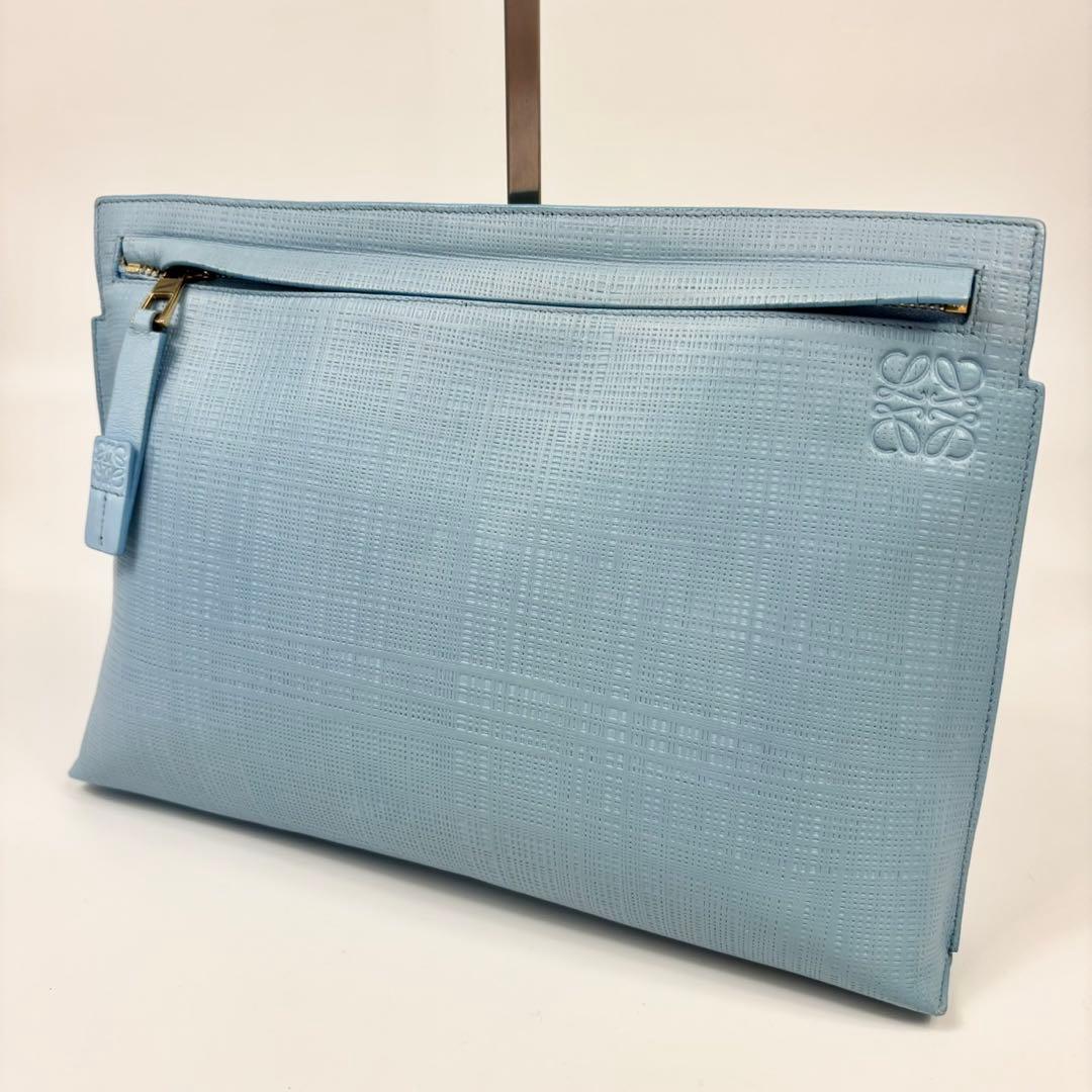 ロエベ リネン クラッチバッグ ゴールド金具 レザー バッグ ブルー