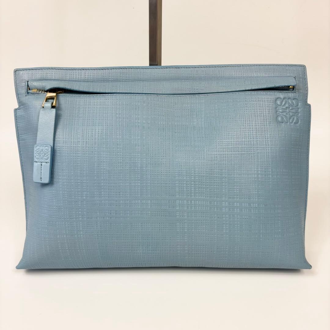 ロエベ リネン クラッチバッグ ゴールド金具 レザー バッグ ブルー