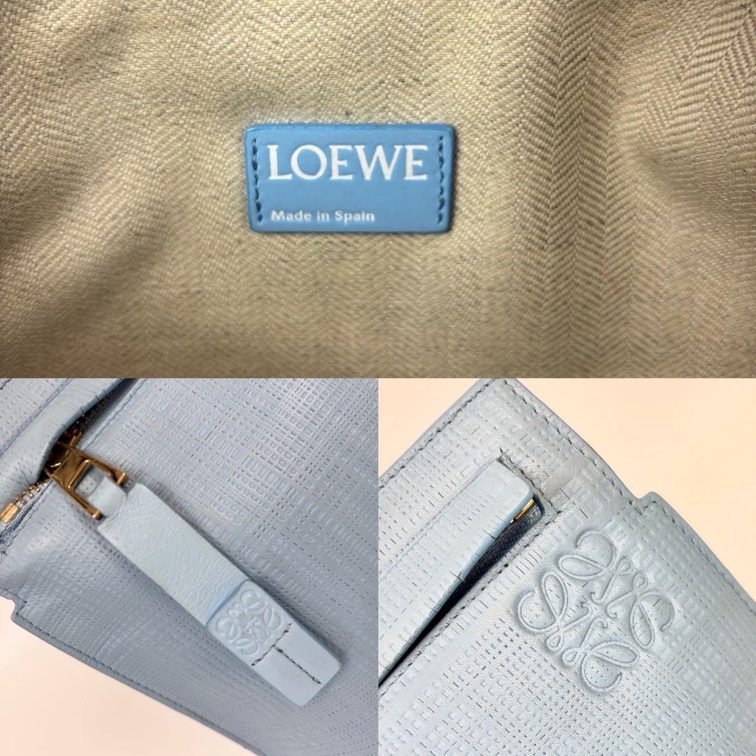 ロエベ リネン クラッチバッグ ゴールド金具 レザー バッグ ブルー