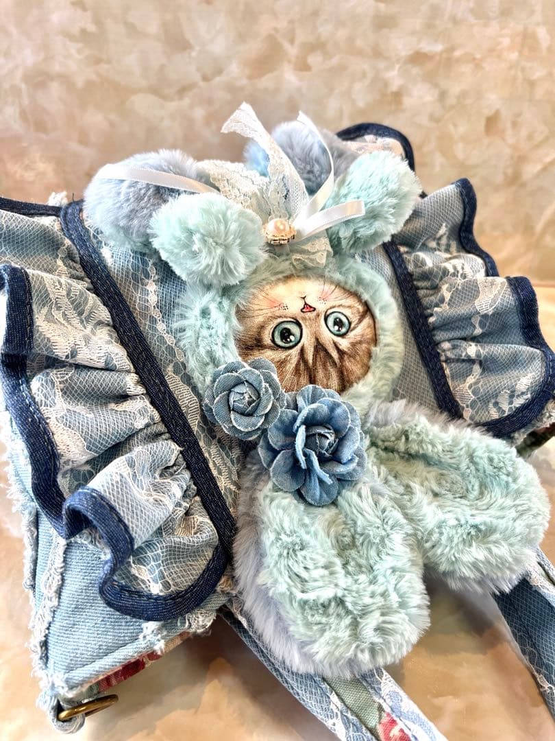 コヤンイサムチョン　レースデニム×ふわふわフリンジデニム　フリルバッグ