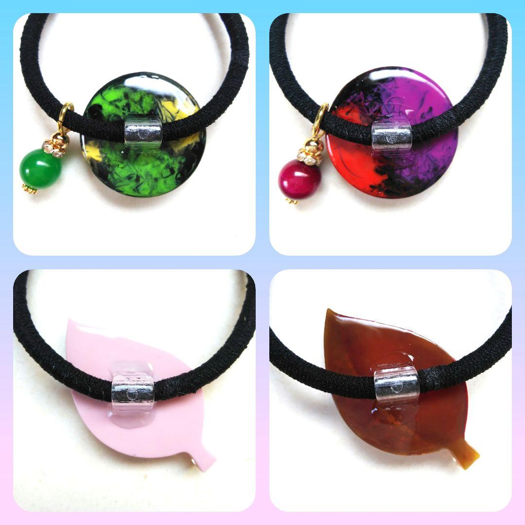 ヘアゴム レジン オーバル型 天然石レッドジェイドとミニミニ薔薇と蝶々