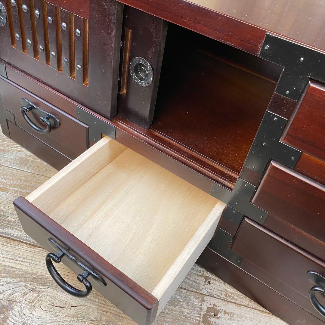 民芸家具桐材天然無垢和引き戸付きチェスト横長テレビ台飾り棚収納総桐和箪笥