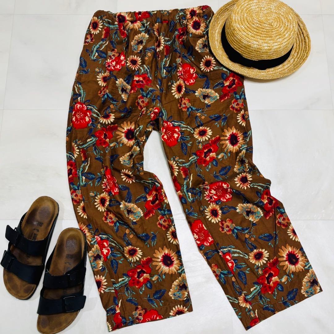 ユニ　コットンキュプラ　フラワープリント総柄カジュアルパンツ