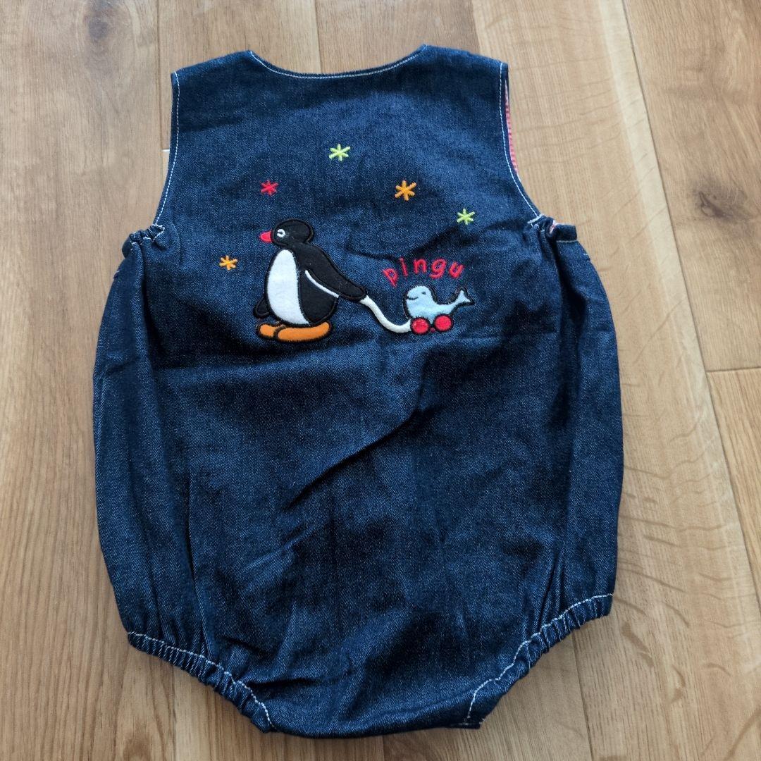 90サイズ　ピングー　フード付Ｔシャツ・デニムカバーオールセット　PINGU