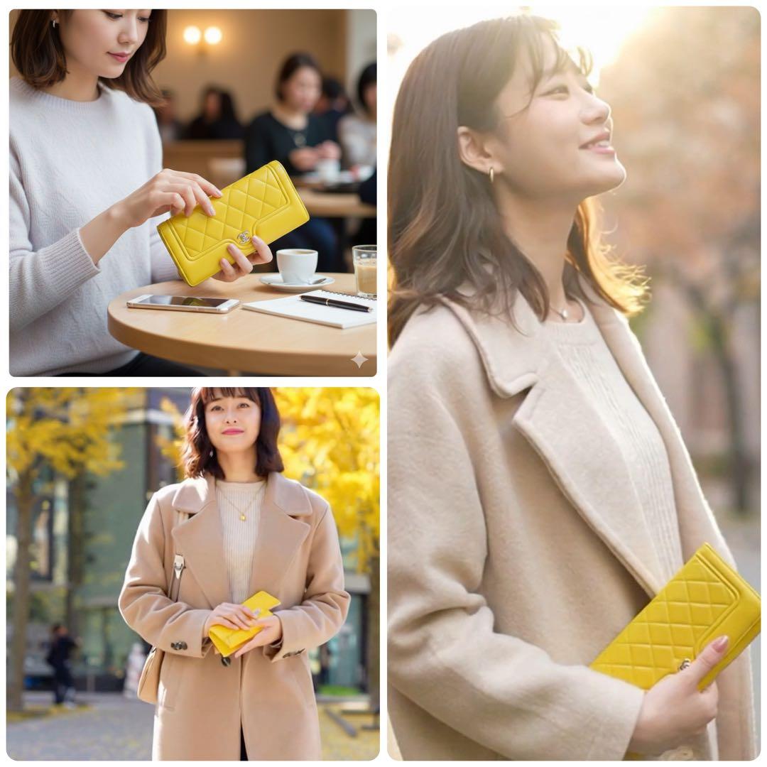 シャネル ロングウォレット 長財布 マトラッセ ターンロック風 イエロー 黄色