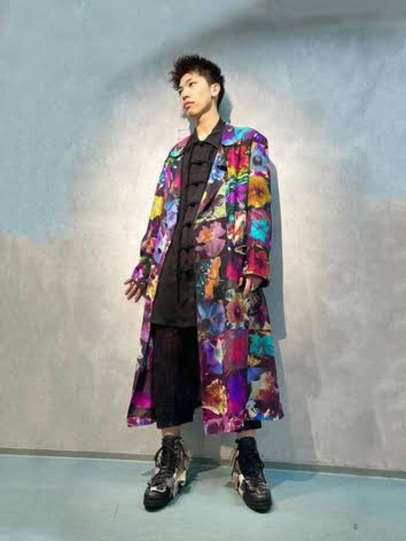Yohji Yamamotoプールオム 22ss シルク花図鑑ロングジャケット