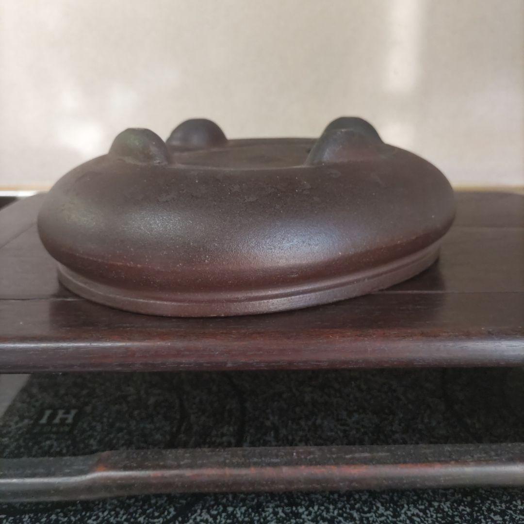 翼記、落款、紫泥袋式楕円鉢、盆栽鉢、植木鉢、古鉢、年代鉢、