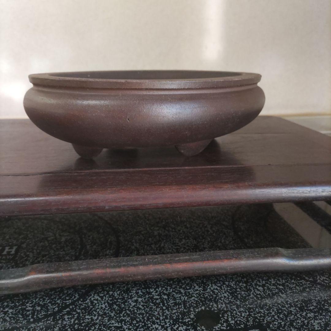 翼記、落款、紫泥袋式楕円鉢、盆栽鉢、植木鉢、古鉢、年代鉢、