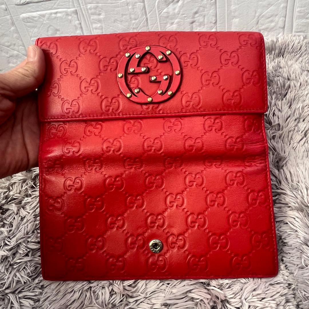 美品✨GUCCI コンチネンタル　シマ　長財布　インターロッキング　朱色