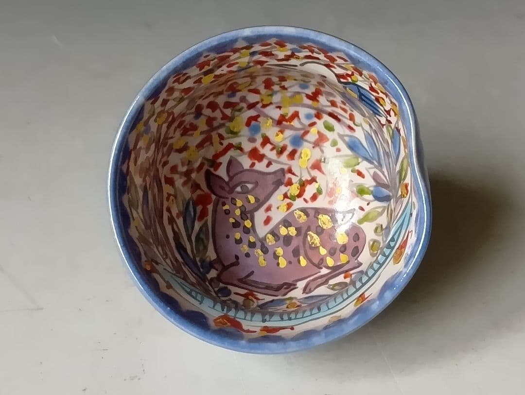 京*鍵様 人間国宝・加藤卓男「ペルシャ色絵遊鹿文酒杯」/共箱