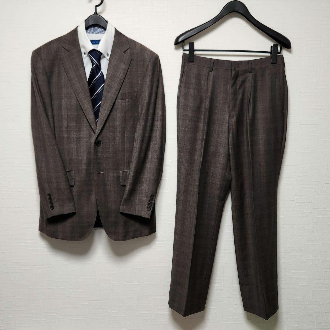 ダーバン　メンズ　スーツ　セットアップ　ブラウン　チェック　細身